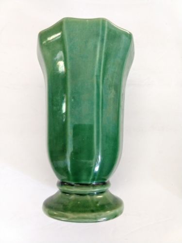 McCoy Ceramic Vase Glaze Green Panel Decagon Design Art Deco Pottery 1950's Vtg.