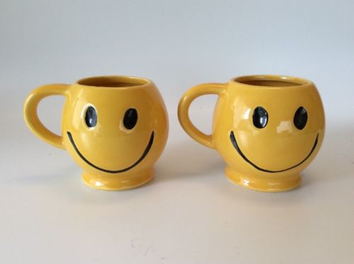 VTG - Set Of 2 - Smiley Face Coffee Mugs - McCoy Brand - Yellow - Round - USA