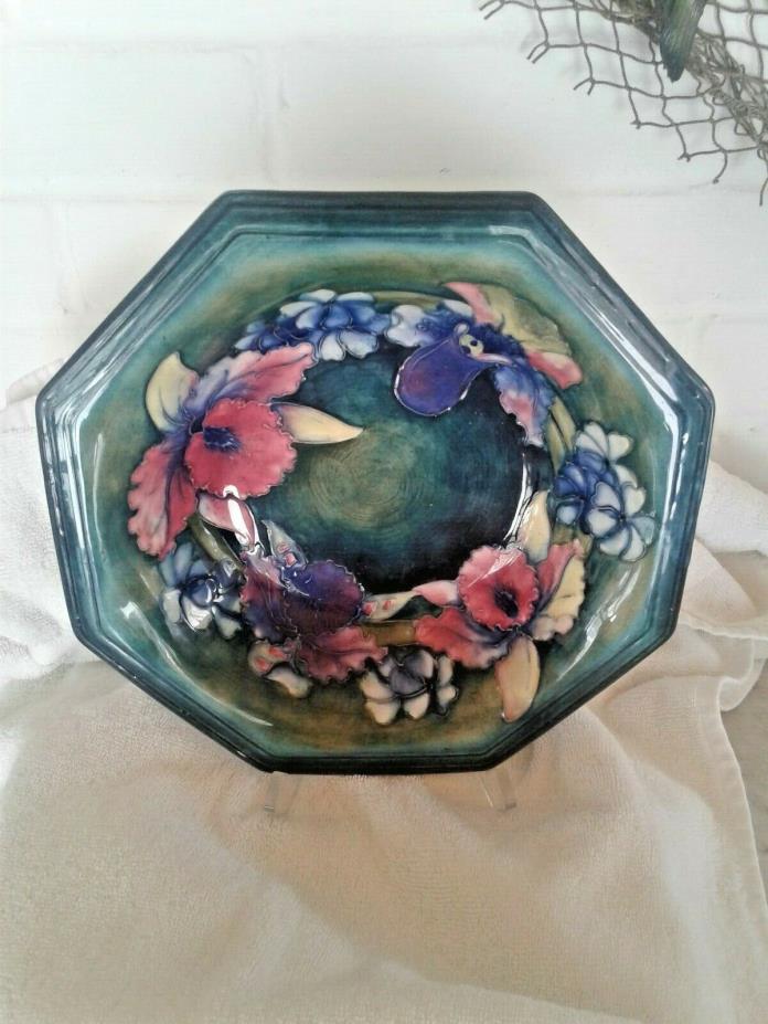 Moorcroft Octagonal Bowl 1940's WALTER RARE ORCHID Green Ground Attempted Flambe