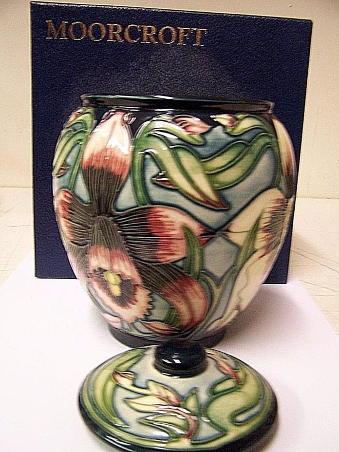 MOORCROFT POTTERY JAR WITH LID.  TITLED APHRODITE. NIB. HAND MADE.