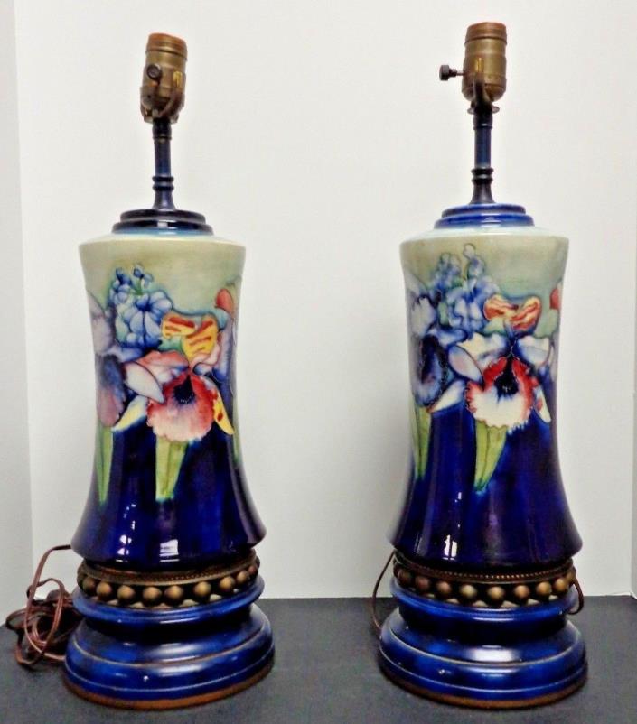 Vintage Moorcroft Pair of Orchid Design Table Lamps