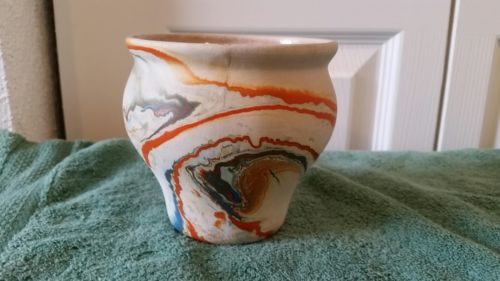 Vintage Nemadji Pottery Vase Multi Colored Marked with Indian Head on Base