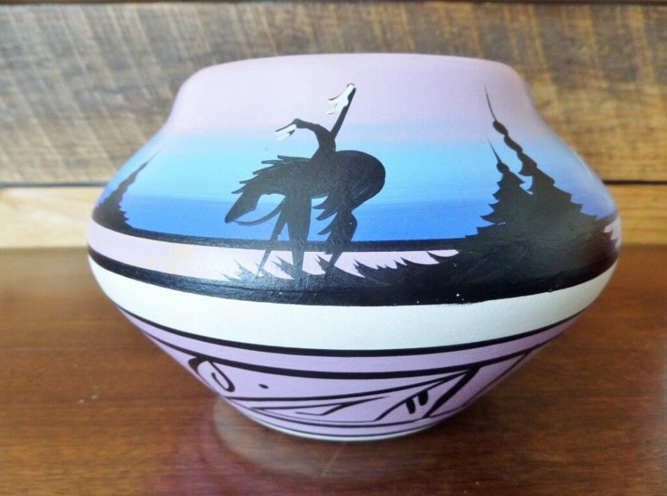 Vintage Southwestern Rainbow Naatsilid Pottery Vessel Bowl Blue Purple Horse