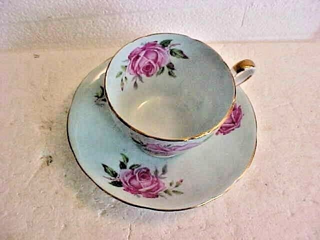 VINTAGE AYNSLEY PALE BLUE WITH PINK ROSES AND GOLD TRIM  CUP AND SAUCER