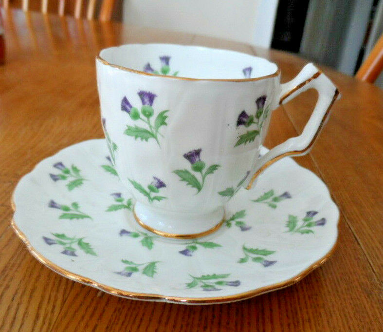 Aynsley  Demi-Tasse Cup & Saucer THISTLE Purple Bone China with gold trim