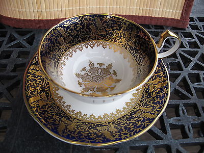 AYNSLEY BONE CHINA FOOTED CUP & SAUCER COBALT BLUE & GOLD ENCRUSTED