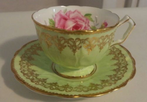 Aynsley Teacup And Saucer Gold Celery Green