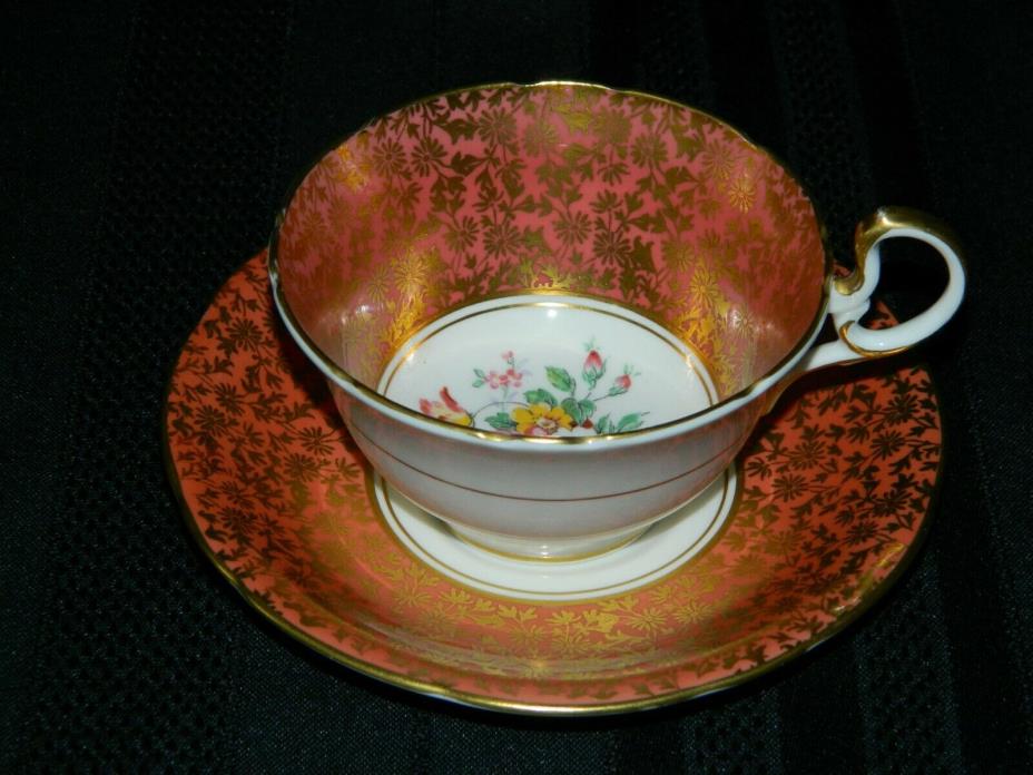 Vintage Aynsley Salmon Pink Chintz & Floral Wide Rimmed Tea Cup & Saucer England
