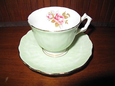 Aynsley  Tea Cup & Saucer Pale Green with Pink Rose