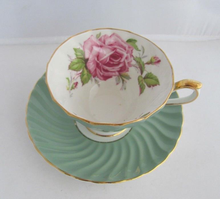 Aynsley Sage Green Swirl Teacup & Saucer Set Huge Pink Cabbage Rose England
