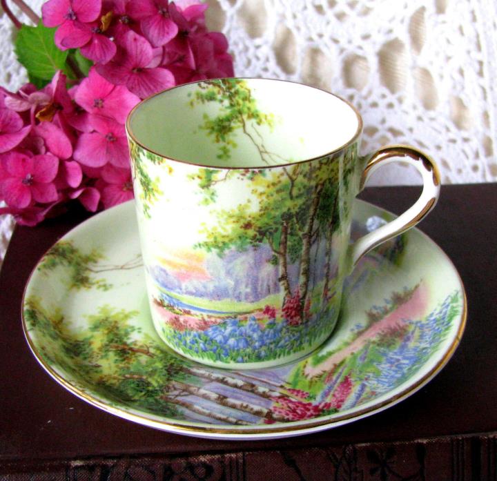 Aynsley Bluebell Time Demitasse Cup and Saucer c.1930s Birch Trees Garden Scene