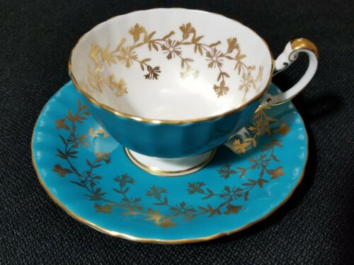 Aynsley Tea Cup & Saucer Bone China Gold Turquoise