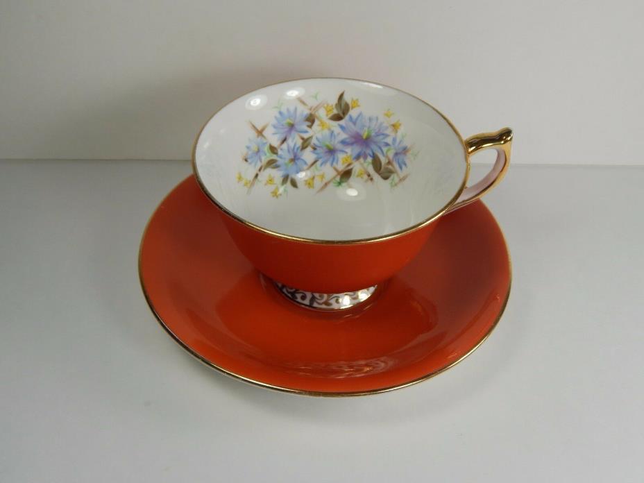 Vintage Aynsley Tea Cup and Saucer. Blue Floral Pattern. Solid Colour
