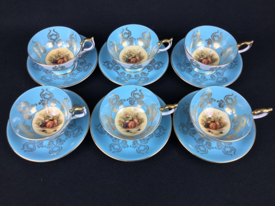 Aynsley Turquoise Aqua Gold White Harvest Fruit Peaches  6 Cups and Saucers