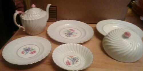 Aynsley Pink Swirl Floral Bone China Set Teapot, Cheese/Butter, Plates, Bowl 6pc