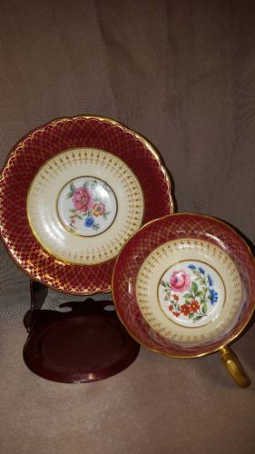 AYNSLEY cup & saucer. Burgundy & Gold with Floral print.  England