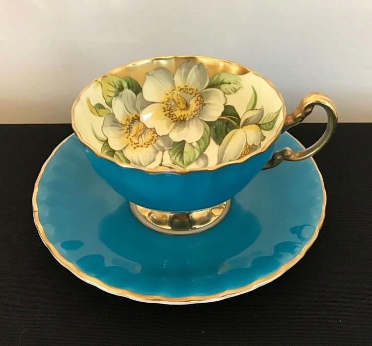 Vintage Aynsley porcelain cup saucer white wild rose turquoise gold gilt