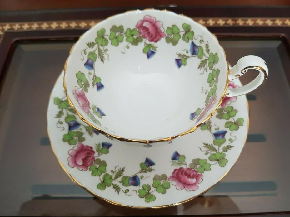 Aynsley Flower Crown Teacup and Saucer green leaves and pink roses