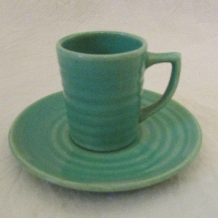 Vintage Bauer Jade Green Ringware Demitasse Cup & Saucer