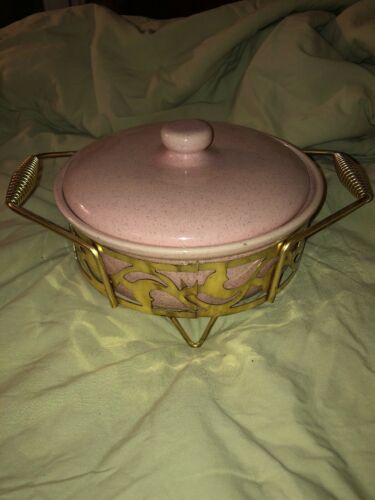 Vintage BAUER Pink Speckled Pottery Cassarole Dish W/stand Monterey Moderne Pink