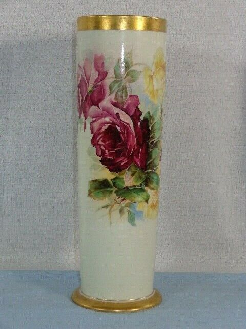 Antique Willets Belleek Porcelain Cylinder Vase Hand Painted Roses