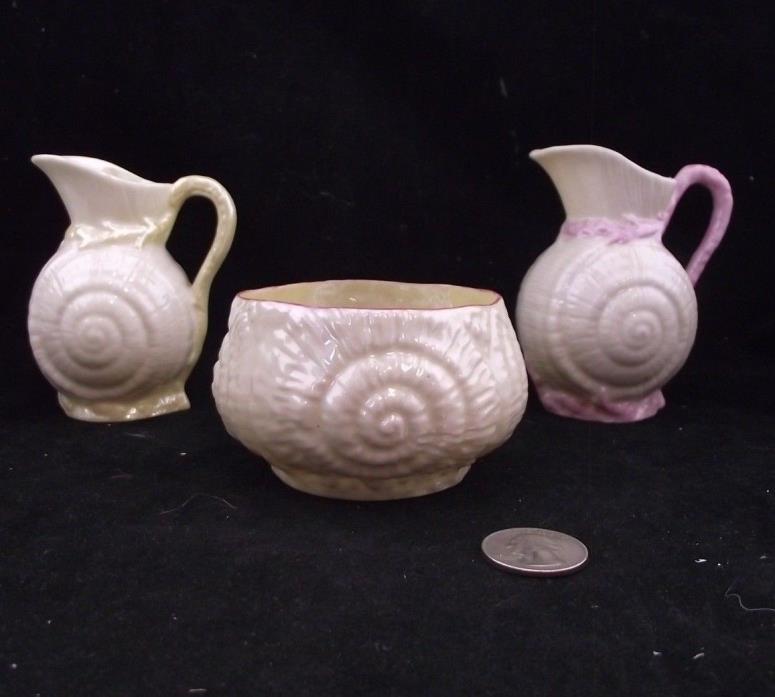 BELEEK DISPLAY SEA SHELL CREAMER 1  PINK 1 CREAM  WITH MATCHING PINK SUGAR