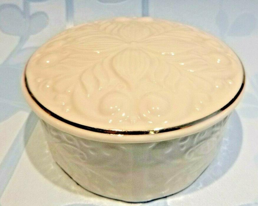 Belleek Ireland Pottery Victorian Trinket Box with Lid Gold Accents