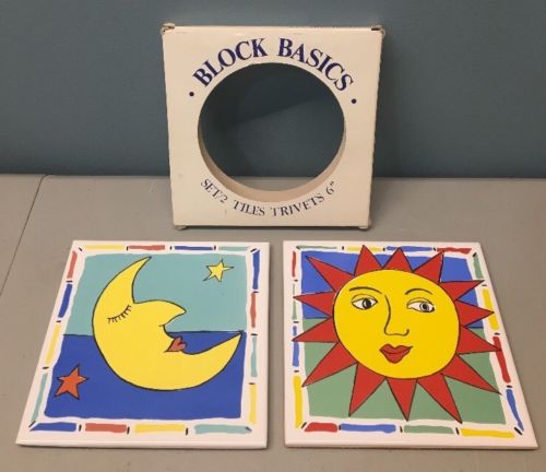 NOS Vintage Set of 2 Block Basics Moon & Sun Trivet Silva Portugal Cork Back