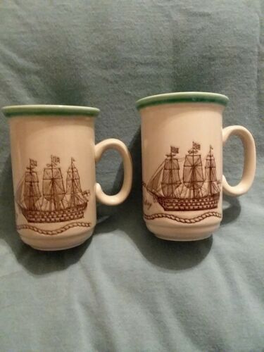 Churchill COFFEE MUG Set 2 Tall Cups England EUC. Ships Nautical  Turquoise rim