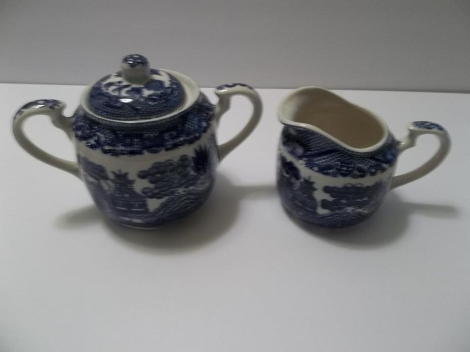 INCREDIBLE VINTAGE BLUE WILLOW CREAMER & COVERED SUGAR BOWL JAPAN