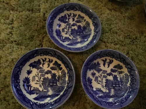3 Vintage Blue Willow Pattern Porcelain China Fruit Dessert Berry 6