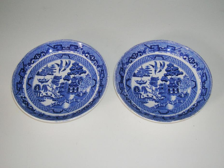 2 Vtg Blue Willow pattern deep saucers Ridgways Engraved Semi China England 1832