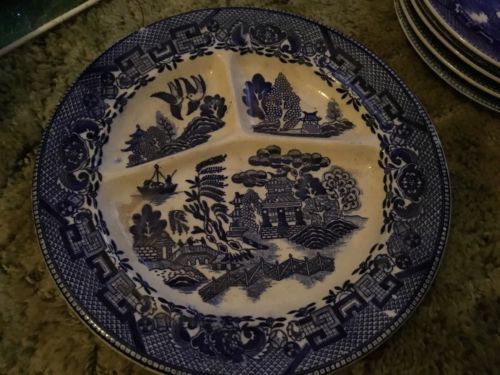 Vintage BLUE WILLOW Heavy DIVIDED GRILL PLATE Made in JAPAN VG Condition
