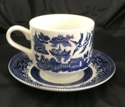 CHURCHILL BLUE WILLOW - CUP AND SAUCER - MADE IN ENGLAND