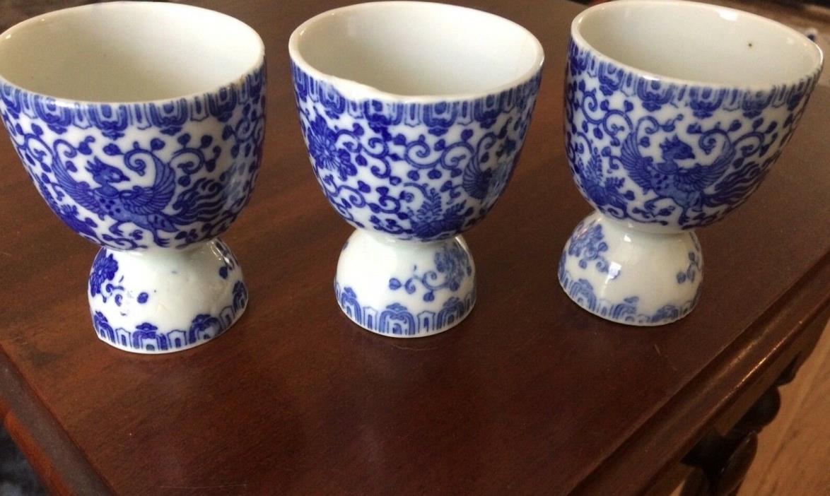 ANTIQUE BLUE & WHITE TRANSFERWARE EGG CUPS 3 