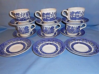 Lot of 6 Cups & 9 Saucers Churchill Blue Willow Asian Theme Blue & White