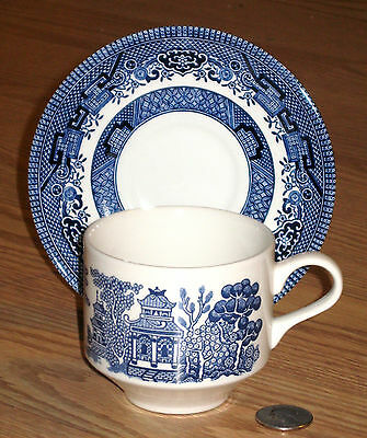 Churchill BLUE WILLOW china CUP & SAUCER oriental coffee tea ENGLAND large flat