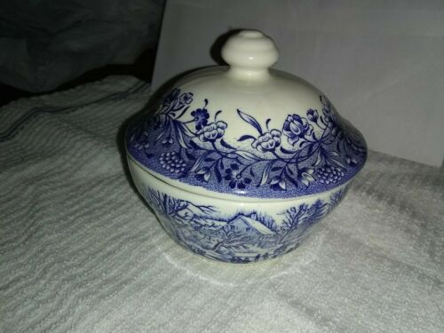 Churchill England Blue Willow sugar bowl with lid scene is house,pond, skaters