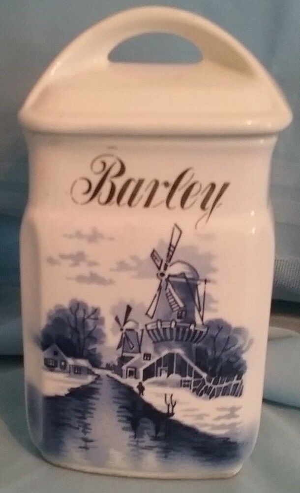 Beautiful INGE Barley Canister Ceramic Germany 3862 Blue Delft Windmill