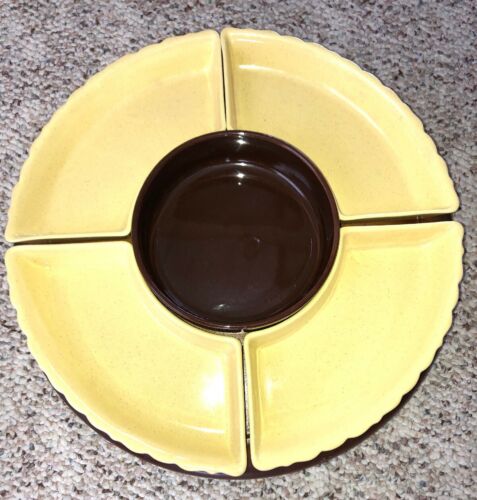 Santa Anita Ware 1950's Lazy Susan Chip & Dip Bowls, Yellow & Brown, 6 Piece