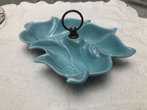 USA Blue Green Condiment dish serving 2 tray Divided  Handle VTG POTTERY