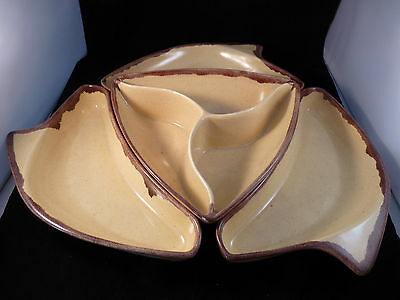 Vintage California Pottery 4 Piece Snack Set Coupe Boomerang Yellow Brown
