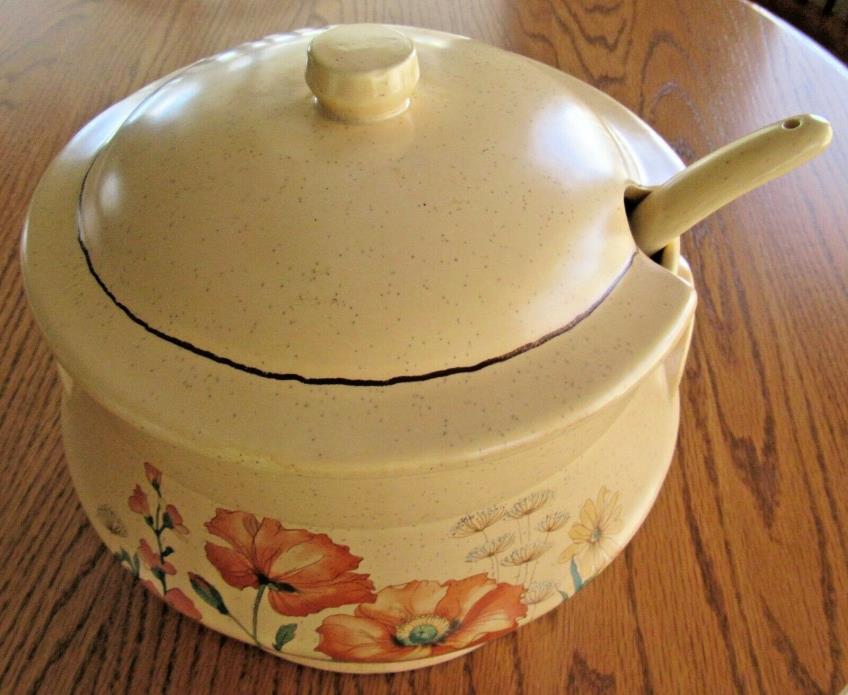 Vintage Soup Tauree Treasure Craft Lid Ladle Bowl Peach Colorful Flowers