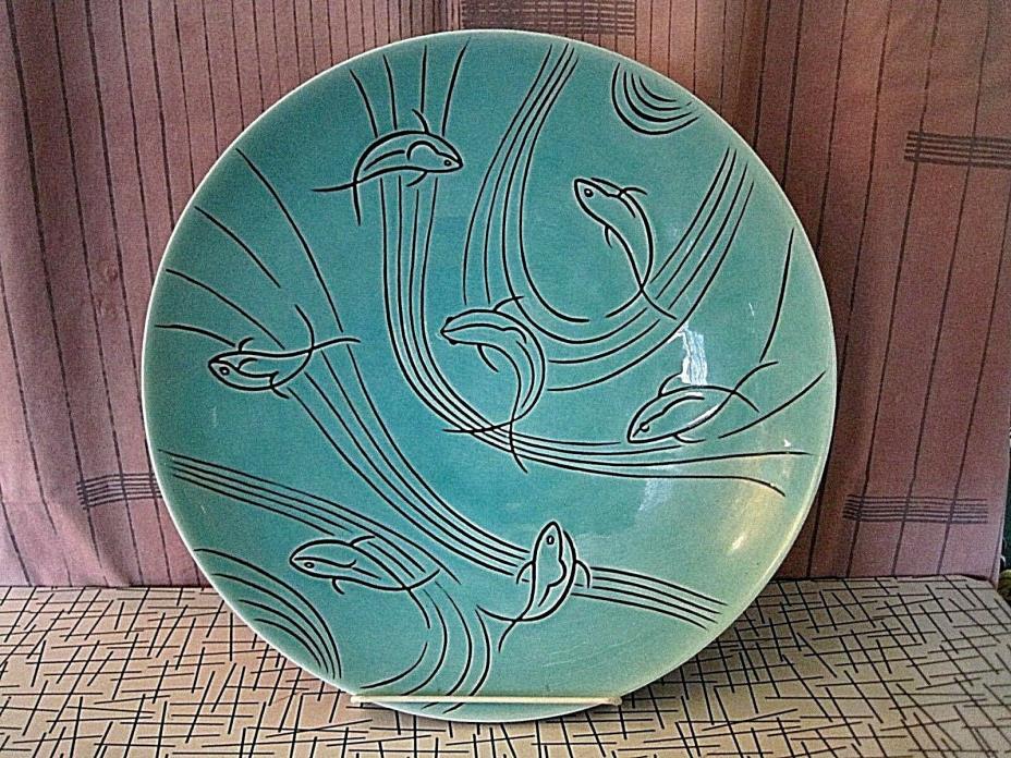 LARGE RETRO1950'S STYLE DECORATIVE BOWL AQUA COLOR WITH DOLPHINS, 14