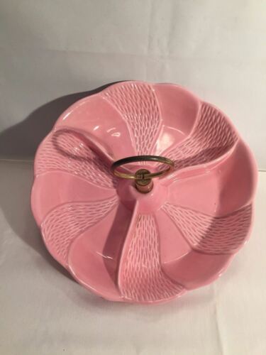 Divided Ceramic Serving Relish Candy Dish Pink Handle Vintage mid century USA