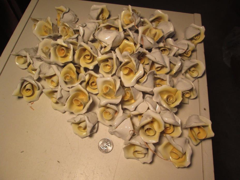 BBT  Lot of 100 Yellow Capodimonte Roses Porcelain Lamp Chandelier Flowers