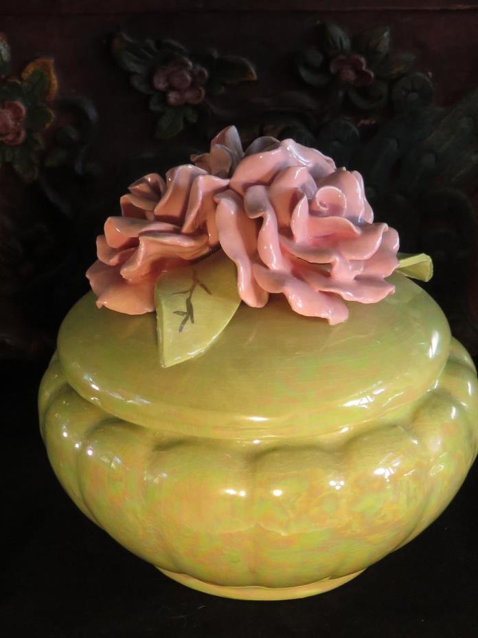 Vintage Covered Porcelain Bowl Applied Flowers Green and Pink Luster Finish