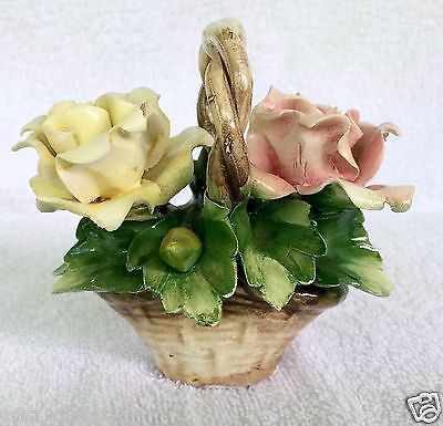 Nuova Capodimonte Pink & Yellow Roses FLOWER BASKET BOUQUET FIGURINE