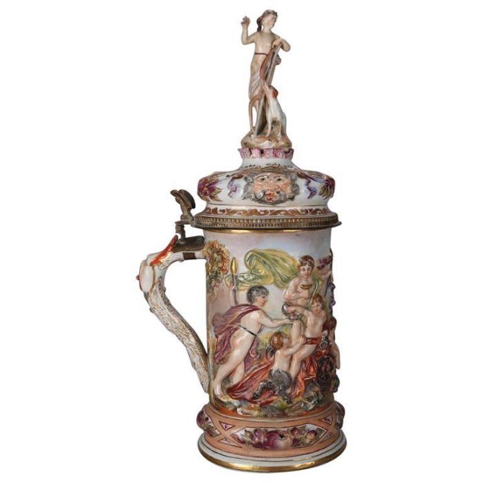 Oversized Italian Capodimonte Classical Figural and High Relief Gilt Stein
