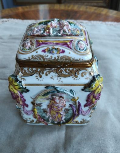 Antique Capodimonte Female Figures In Relief Naples Porcelain Box